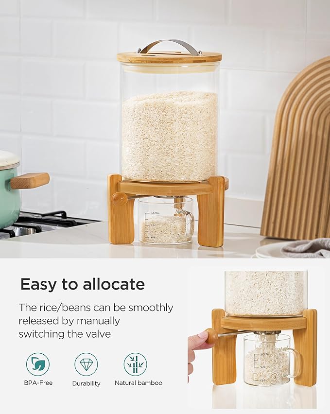 HBlife 5-7 Lbs Glass Rice Dispenser with Wooden Stand Flour and Cereal Container with Glass Measuring Cup Pantry Food Organization Storage Bin with Airtight Bamboo Lid, 3L (2 Pack)