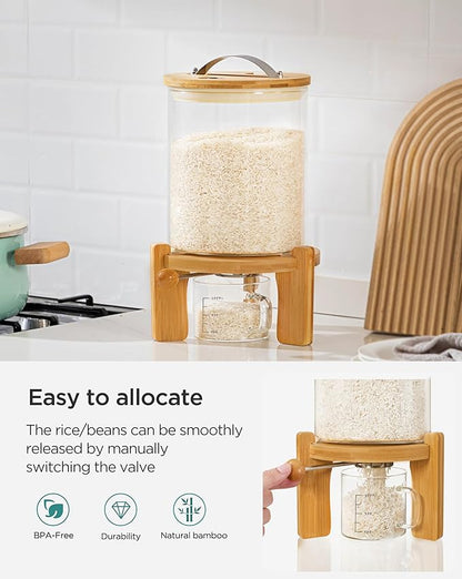 HBlife 5-7 Lbs Glass Rice Dispenser with Wooden Stand Flour and Cereal Container with Glass Measuring Cup Pantry Food Organization Storage Bin with Airtight Bamboo Lid, 3L (2 Pack)