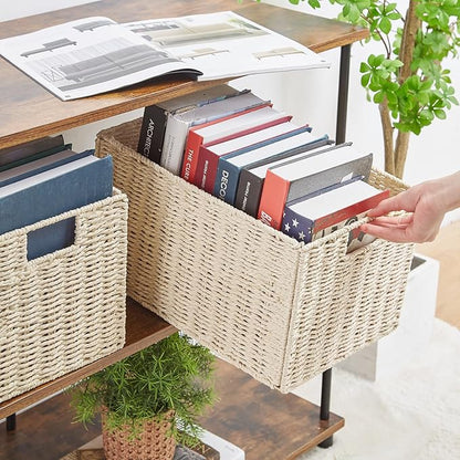 Vagusicc Wicker Storage Basket, Set of 2 Hand-Woven Paper Rope Wicker Basket, Small Storage Baskets for Organizing Toilet Paper Basket, Foldable Large Cube Storage Organizer Bins for Shelves (Beige)