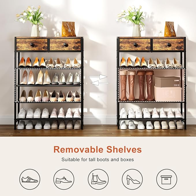 Shoe Rack, 5 Tier Shoe Organizer with 2 Drawers, Metal Shoe Storage for 16-20 Pairs of Shoes with Fabric Shelves and Wooden Top, Narrow Shoe Shelf for Closet Entryway Rustic Brown