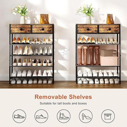 Shoe Rack, 5 Tier Shoe Organizer with 2 Drawers, Metal Shoe Storage for 16-20 Pairs of Shoes with Fabric Shelves and Wooden Top, Narrow Shoe Shelf for Closet Entryway Rustic Brown