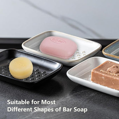 Gomakren Ceramic Soap Dish, Non-Slip Shower Soap Holder for Bathroom & Kitchen Sink, Soap Saver Tray for Bar Soap Sponge, 5.5 Inch, Black