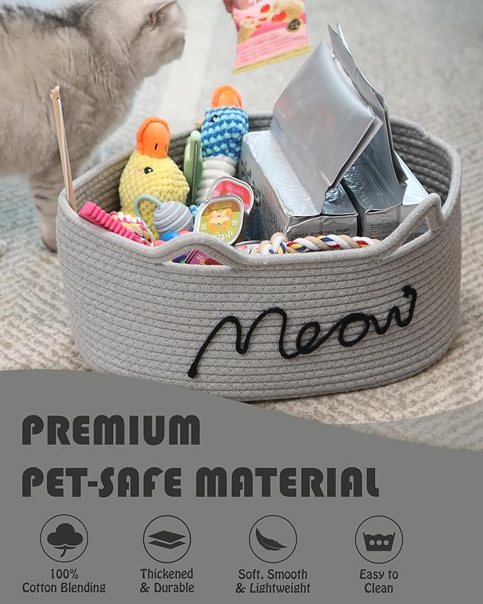 Sea Team Cat Toy Basket with Handles, 16.5 x 11 x 7 Inches, 4.4 Gallons Large Cotton Rope Storage Bin, Box, Shelf Organizer for Pet Chew Toys, Foods, Grey Meow
