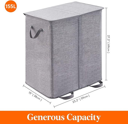 Lifewit Double Laundry Hamper with Lid and Removable Laundry Bags, Large Collapsible 2 Dividers Dirty Clothes Basket with Handles for Bedroom Laundry Room Closet Bathroom College, 155L Grey