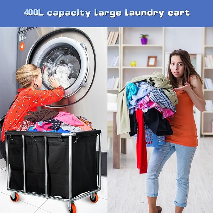 Commercial Laundry Cart with Wheels, 400L Large Capacity Heavy Duty Stainless Laundry Basket,Laundry Sorter for Clothes Storage,330 lbs Load (Black)
