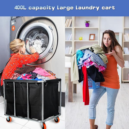 Commercial Laundry Cart with Wheels, 400L Large Capacity Heavy Duty Stainless Laundry Basket,Laundry Sorter for Clothes Storage,330 lbs Load (Black)