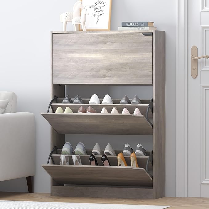 Shoe Storage Cabinet for Entryway, Grey Shoe Cabinet with 3 Flip Drawers, Hidden Shoes Rack Freestanding Storage Organizer for Entryway,Closet, Living Room,Hallway 47.24"H × 31.50"W × 9.44"D