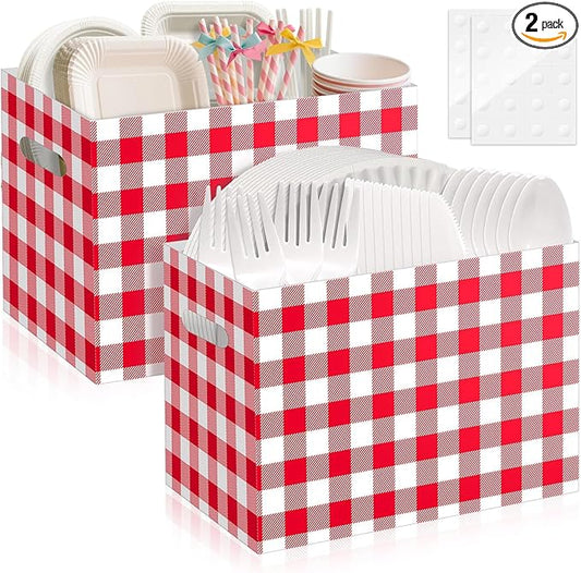 2PCS Red Gingham Utensil Holder Paper Utensil Caddy for Gingham Party Supplies Disposable Cutlery Holder with Handles Party Favors Cutlery Caddy for Red and White Checkered Birthday Decorations