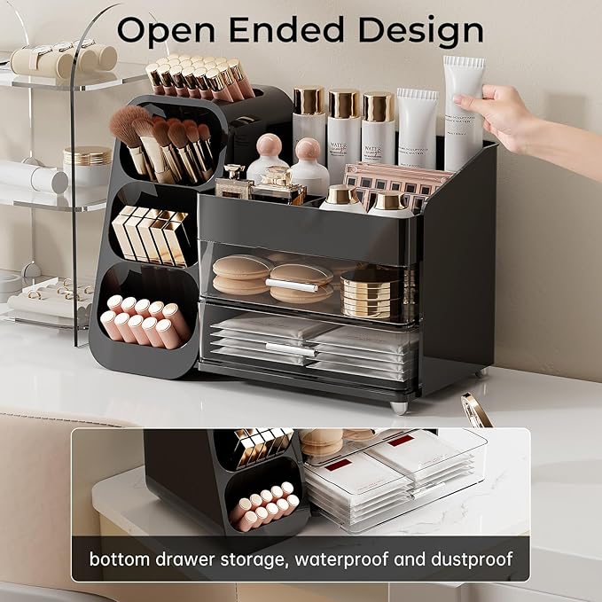 Makeup Organizer for Vanity with Brush Holder, Large Capacity Bathroom Countertop Skincare Organizer with 2 Drawers, Cosmetic Display Case for Perfumes, Eyeshadow Palettes, Nail Polishes