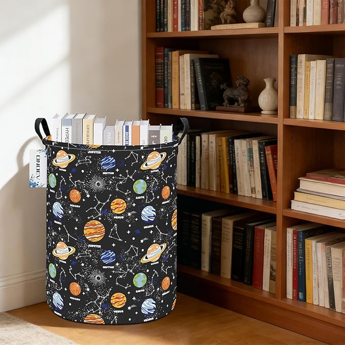 Kids Laundry Hamper, Large Collapsible Round Solar System Space Themed Laundry Basket, Waterproof Fabric Planets Organizer with Handles for Boys Bedroom Nursery Playroom