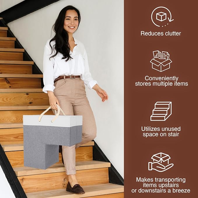 SAM AND MABEL Stair Baskets for Carpeted and Wooden Stairs – 16”L x 10”W x 16”H Foldable Staircase Basket with Handles, Stairstep Storage Organizer (Smart Gray and White)