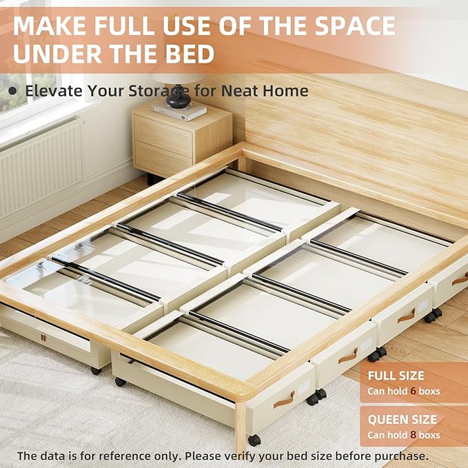 Somdot Under Bed Storage with Wheels, 2 Pack Bed Storage Containers with Dividers & Clear Lids, Easy Pull-out Metal Drawer for Clothes, Shoes,Toys, Blankets (Beige)
