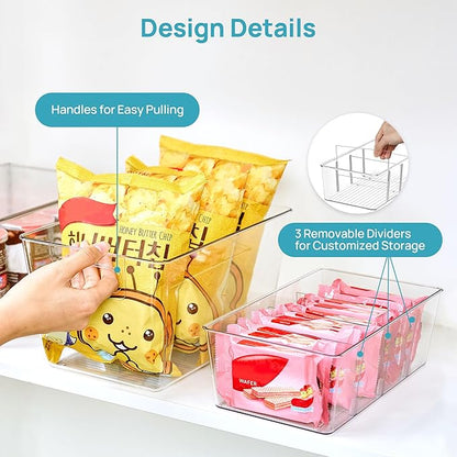 Vtopmart 8 Pack Clear Plastic Storage Bins Set, 4 Large Pantry Organizer Bins with Handle and 4 Medium Snack Organizer Bins with 4-Compartment for Pantry, Kitchen, Fridge, Cabinet Organization