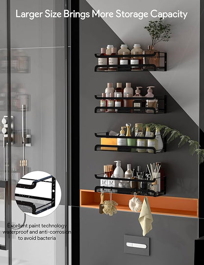 Spice Rack Wall Mount with Hooks - Spice Racks Organizer for Cabinet Storage, Wall Mounted Hanging Shelf Seasoning Organizer, for Kitchen, Pantry Door, Bathroom (Black, 1 Pack)