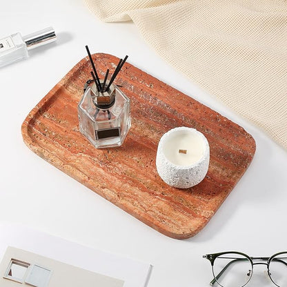 Koville Red Travertine Tray, 12"x8" Natural Stone Vanity Tray for Countertop Bathroom Kitchen Dresser, Decorative Marble Catchall Trays for Perfume Jewelry, Rectangular Serving Tray