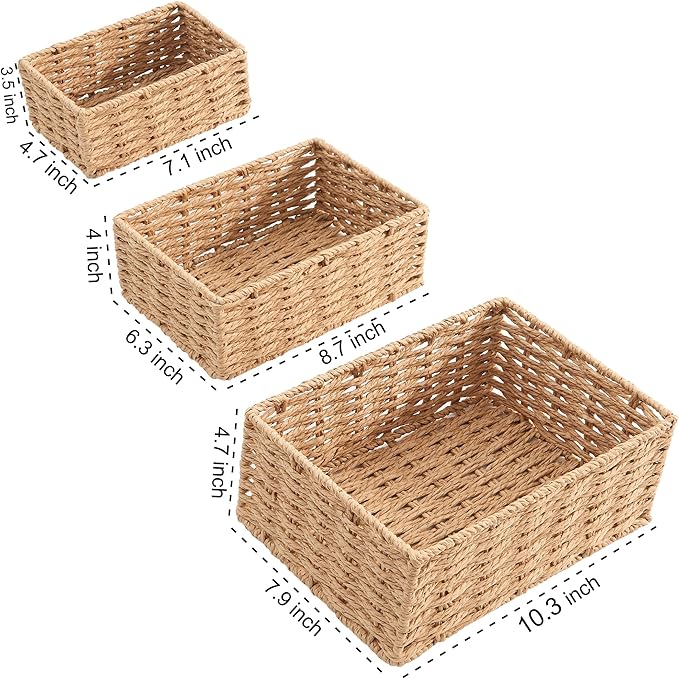 Small Wicker Basket for Organizing, Woven Storage Basket Set of 3 - Handwoven Natural Paper Rope Baskets to Declutter Any Room, Perfect for Organizing and Home Decor