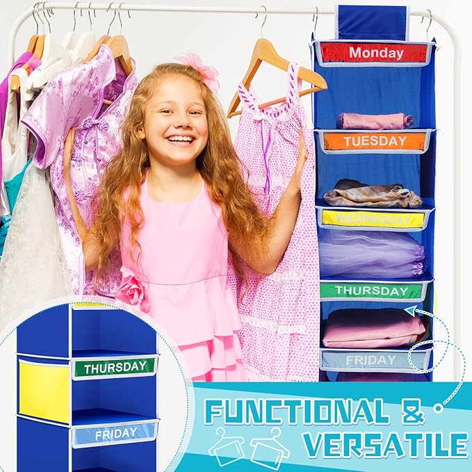 2 Pack 6 Shelves Weekly Hanging Closet Organizer 11.8 x 11.8 x 42.5 Inches Daily Activity Kids Clothes Storage Organizer Drawers Kids Hanging Cube Organizer Drawers Closet Hanging Shelves