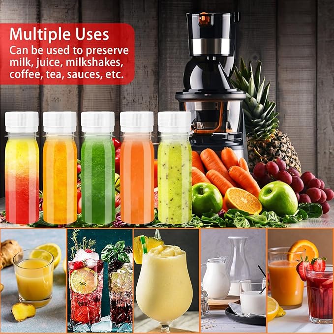 30 Pcs 2oz Small Plastic Shot Bottles with White Caps,Round Juice Bottles with 10 Funnels,Reusable Clear Beverage Containers for Drink Milk Beer Coffee Liquid