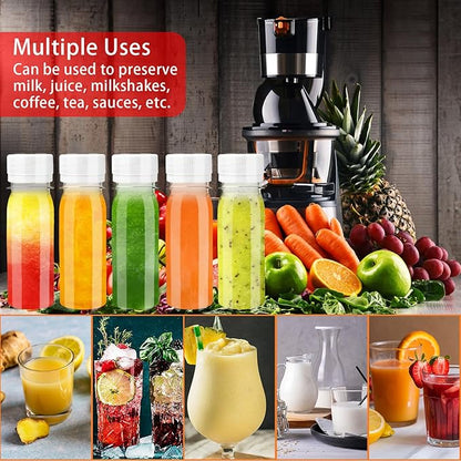 30 Pcs 2oz Small Plastic Shot Bottles with White Caps,Round Juice Bottles with 10 Funnels,Reusable Clear Beverage Containers for Drink Milk Beer Coffee Liquid