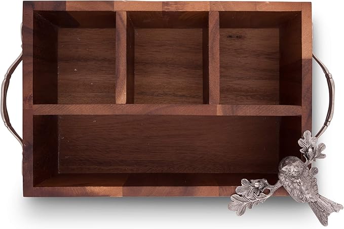 Vagabond House Caddy Rectangle Acacia Wood Flatware/Serve ware/Utensil/Carry-All Holder Solid Pewter Song Bird Accent and Real Leather Handles, 3 Small and 1 Larger Compartment 13.5 inch Long