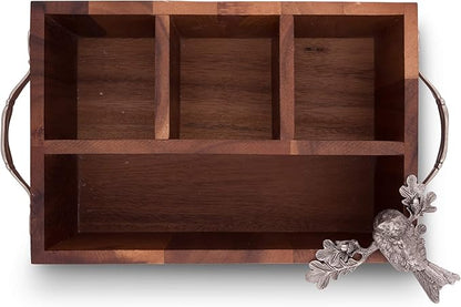 Vagabond House Caddy Rectangle Acacia Wood Flatware/Serve ware/Utensil/Carry-All Holder Solid Pewter Song Bird Accent and Real Leather Handles, 3 Small and 1 Larger Compartment 13.5 inch Long