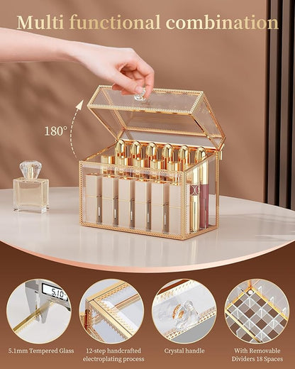 CoralHouse Lipstick Organizer,Luxury Tempered Glass Lipstick Holder & Nail Polish Organizer, 18-Slot Vanity Cosmetic Organizer with Removable Dividers, Gold