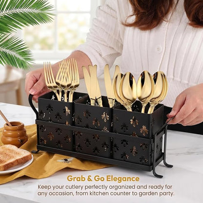 Silverware Caddy with Bee Design, 3 Compartment Metal Utensil Holder with Handles,Silverware Holder for Party Countertop, Kitchen, Outdoor, Cutlery Holder Organizer for Spoon Fork,Black