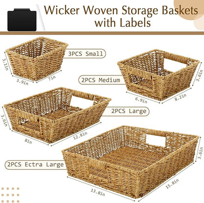 Marsui 9 Pcs Wicker Storage Baskets for Pantry Organization with Handle Labels Handwoven Multi-size Brown Small Organizer Baskets Storage Bins Container for Shelves Closet Toilet Christmas Holiday
