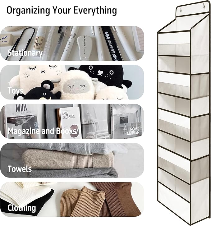 TYMENSH White Over Door Organizer with 5 Large Clear Pockets and 6 Side Mesh Pockets, Anti-Tilt Hanging Door Storage for Nursery, Bathroom, Closet, Bedroom, Dorm, Toys