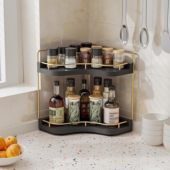 2-Tier Corner Bathroom Counter Organizer with Embedded Screw Holes, Secure & Stable Wood Vanity Shelf for Makeup and Skincare Essentials - Space Saving Bathroom Countertop Storage, Black Gold