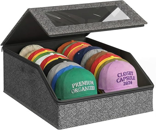 Hat Storage for Baseball Caps, Holds up to 24 Caps, Stackable Hat Organizer for Closet, Dustproof Hat Box with Clear Window, Hollow Board Support & 2 Handles, Flip-Top Access (Charcoal Gray)