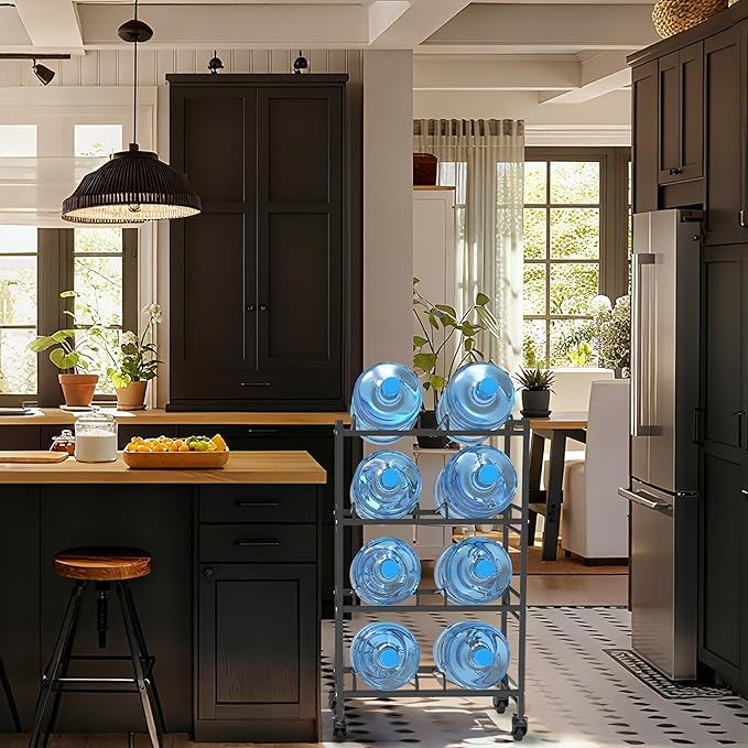Heavy Duty 4 Tiers Water Jug Rack Double Row with Wheels - Space Saving Dispenser Stand 5 Gallon Water Storage Rack Bottle Jug Holder Organizer/Lockable&Removable Casters/Kitchen Office Garage/8 Slots