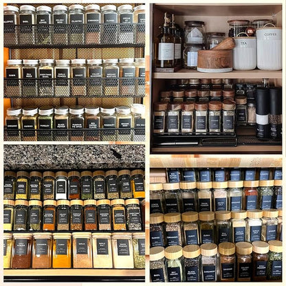 201 Spice Jar Labels - Black Preprinted Minimalist Waterproof Stickers for Kitchen Jars, Herb & Seasoning Labels for Pantry Organization
