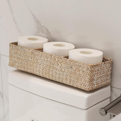 Seagrass Tank Basket for Toilet Paper 3 Sections Woven Storage Basket with Large Compartment Whitewash (16.5inch x 5.5inch x 3.5inch)
