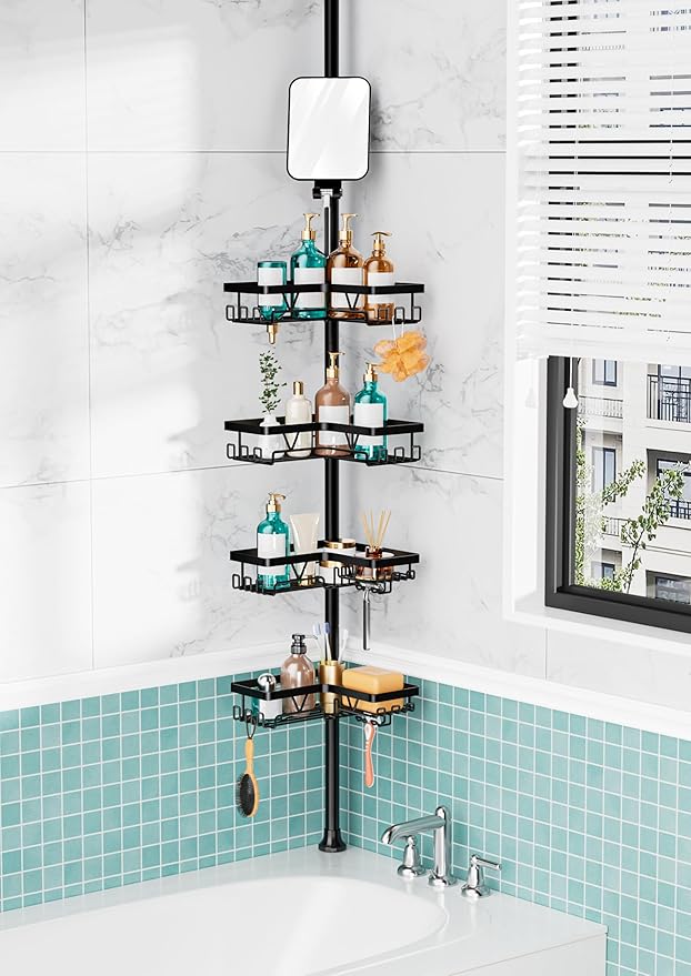 KEGII Shower Caddy Tension Pole - Adjustable Rustproof Corner Bathroom Organizer with Fogless Shower Mirror, 25–114.2 Inch No-Drill Bathroom Storage, Black