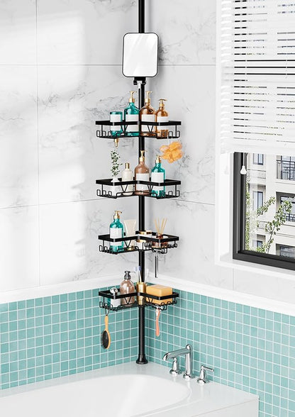 KEGII Shower Caddy Tension Pole - Adjustable Rustproof Corner Bathroom Organizer with Fogless Shower Mirror, 25–114.2 Inch No-Drill Bathroom Storage, Black