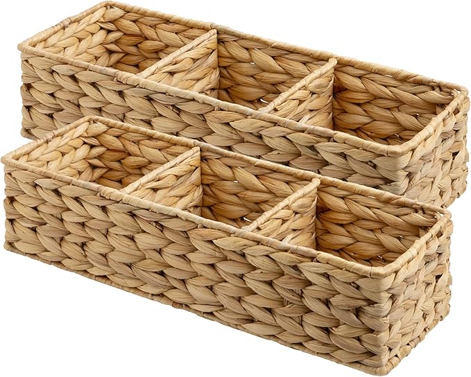 StorageWorks Toilet Paper Baskets for Shelves, 3-Section Large Wicker Baskets Storage, Water Hyacinth Back of Toilet Basket for Organizing Tank Topper, Living Room Decor, 2 Pack