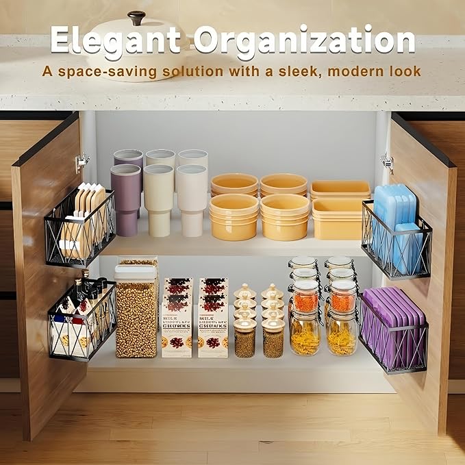 4 Pack Cabinet Door Organizer, Adhesive Inside Cabinet Door Storage for Kitchen Bathroom, Lid Organizer Compatible with Tupperware Pyrex, Wall Mounted Basket for Pantry Under Sink, Black