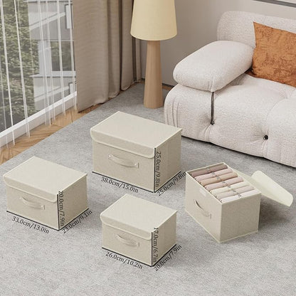Storage Boxes, Collapsible Storage Bins with Lids, Cotton and linen cloth Storage Baskets with Handle, for Books, Closet, Bedroom, Home, 10.2x7.9x6.7 in, Grey and Beige
