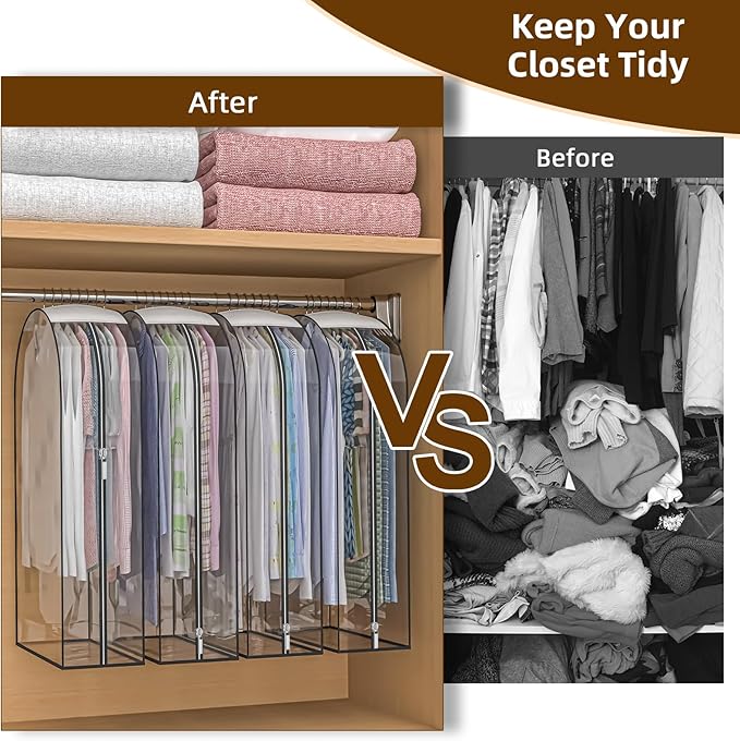 Upgraded Thickened Clear Garment Bags for Hanging Clothes 4 Packs, 10“ Gusseted Clothes Hanging Storage Bags for Closet, Shirts, Coats, Dresses (32 inch)