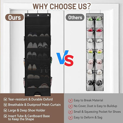 7 Tier Over The Door Shoe Organizer, Hanging Shoe Rack for Closet with Dustproof Mesh Curtain & 6 Side Pockets, Behind The Door Narrow Shoe Holder Hanger for Sneakers, Boots (Black)