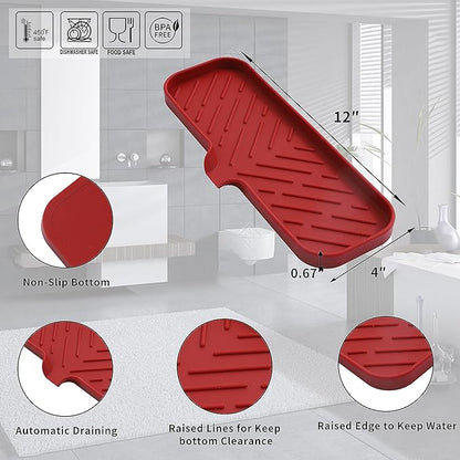 MicoYang Silicone Bathroom Soap Dishes with Drain Spout-Bathroom and Kitchen Sink Organizer,Sponge Holder,Dish Soap Tray,Perfect for Dispenser,Scrubber,Bottle,Cup on Sink or Counter-Red 12"×4"