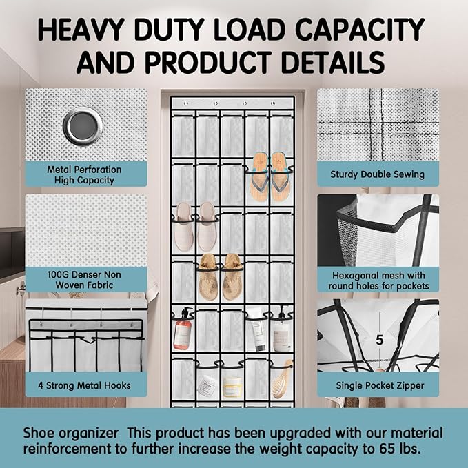 Kotkn 35 Compartment Over The Door Storage - Breathable Mesh Hanging Organizer with Large Pockets, Space Saving Design for Men & Women's Footwear, Closet, Bedroom （White）