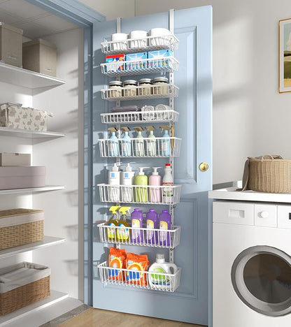 Mefirt Over The Door Pantry Organizer, Pantry Organization and Storage, 8-Tier Deep Baskets Hanging Heavy-Duty Metal, Wall Spice Rack Seasoning Shelves for Home & Kitchen, Laundry Room Bathroom, White