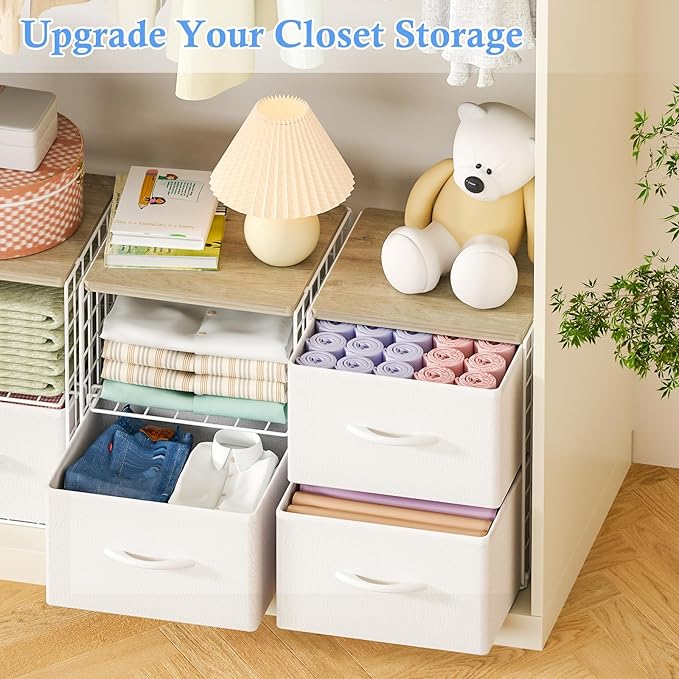 2 Pack Stackable Storage Drawers, Closet Organizers and Storage Shelves with Wooden Top & Adjustable Dividers, White Fabric Closet Drawer Organizer, Modular Storage Bins for Bedroom Wardrobe Apartment