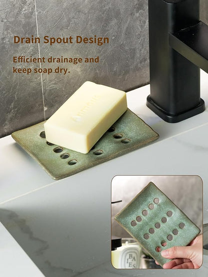 Ceramic Soap Dish with Self Drain for Shower, Bar Soap Holder to Lift and Keep Dry, Concave Design to Prevent Slipping, Suitable for Kitchen and Bathroom, Green