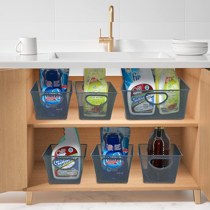 Neudeco Wire Storage Baskets - 6 Pack Metal Mesh Organizers for Kitchen, Laundry, Garage, Fridge & Bathroom - Gray