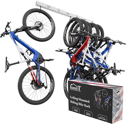 USA Based Ceiling Bike Rack Garage Storage Mount, Bicycle Hanger For Up To 6 Bikes, Sliding 51" Heavy Duty Hook Racks With Padded Hanging Mounts, Hooks Hangers (White, 3 Rails - 6 Hooks)