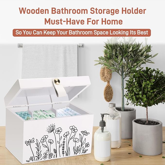 100% Solid Wood Tampon Holder Box with Lid, Copper Leather Pull, Absolute Real Wood Bathroom Decorative Box for Feminine Product Storage and Accessories such as Tampons, Cotton Balls, Gifts for Women