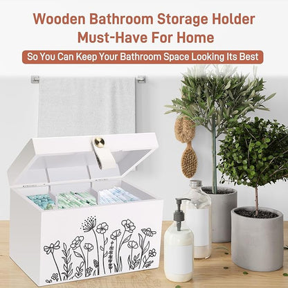 100% Solid Wood Tampon Holder Box with Lid, Copper Leather Pull, Absolute Real Wood Bathroom Decorative Box for Feminine Product Storage and Accessories such as Tampons, Cotton Balls, Gifts for Women